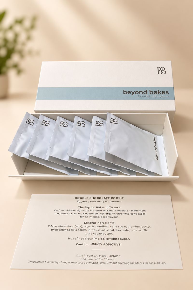 Beyond Bakes double chocolate cookie box open with sachets